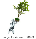 #50629 Royalty-Free (Rf) Illustration Of A 3d Female Robot Mascot Flying With A Plant Over Her Head