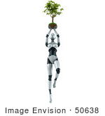 #50638 Royalty-Free (Rf) Illustration Of A 3d Female Robot Mascot Holding A Plant Over Her Head