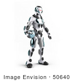 #50640 Royalty-Free (Rf) Illustration Of A 3d Athletic Male Robot Mascot Standing And Holding A Blue Soccer Ball - Version 2