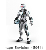 #50641 Royalty-Free (Rf) Illustration Of A 3d Athletic Male Robot Mascot Standing And Holding A Blue Soccer Ball - Version 1