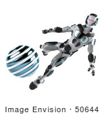 #50644 Royalty-Free (Rf) Illustration Of A 3d Athletic Male Robot Mascot Kicking A Blue Soccer Ball - Version 2