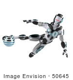 #50645 Royalty-Free (Rf) Illustration Of A 3d Athletic Male Robot Mascot Kicking A Blue Soccer Ball - Version 1