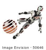 #50646 Royalty-Free (Rf) Illustration Of A 3d Athletic Male Robot Mascot Kicking An Orange Soccer Ball
