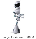 #50666 Royalty-Free (RF) Illustration Of A 3d Futuristic Robot Mascot Holding Up A Big Blank Sign by Julos