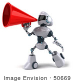 #50669 Royalty-Free (Rf) Illustration Of A 3d Futuristic Robot Mascot Using A Megaphone - Pose 2