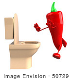 #50729 Royalty-Free (Rf) Illustration Of A 3d Red Hot Chili Pepper Mascot Running To A Toilet