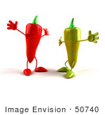 #50740 Royalty-Free (Rf) Illustration Of 3d Red And Green Chili Pepper Mascots Going In For Hugs