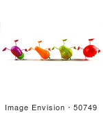 #50749 Royalty-Free (Rf) Illustration Of A Line Of 3d Eggplant Carrot Bell Pepper And Tomato Characters Doing Cartwheels - Version 1