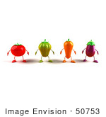 #50753 Royalty-Free (Rf) Illustration Of 3d Tomato Bell Pepper Carrot And Eggplant Characters Facing Front - Version 1