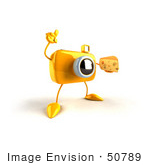 #50789 Royalty-Free (Rf) Illustration Of A 3d Yellow Camera Mascot Holding A Wedge Of Cheese - Version 2