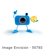 #50793 Royalty-Free (Rf) Illustration Of A 3d Blue Camera Mascot Holding A Wedge Of Cheese - Version 3