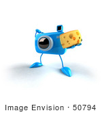 #50794 Royalty-Free (Rf) Illustration Of A 3d Blue Camera Mascot Holding A Wedge Of Cheese - Version 4