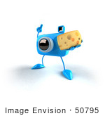 #50795 Royalty-Free (Rf) Illustration Of A 3d Blue Camera Mascot Holding A Wedge Of Cheese - Version 1