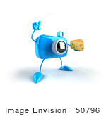 #50796 Royalty-Free (Rf) Illustration Of A 3d Blue Camera Mascot Holding A Wedge Of Cheese - Version 2