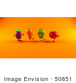 #50851 Royalty-Free (Rf) Illustration Of 3d Tomato Bell Pepper Carrot And Eggplant Characters Marching Right - Version 2