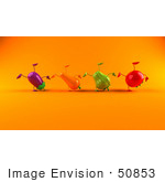 #50853 Royalty-Free (Rf) Illustration Of A Line Of 3d Eggplant Carrot Bell Pepper And Tomato Characters Doing Cartwheels - Version 3