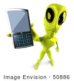 #50886 Royalty-Free (Rf) Illustration Of A 3d Green Alien Mascot Holding Out A Cell Phone