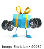 #50962 Royalty-Free (Rf) Illustration Of A 3d Blue Present Character Lifting Weights
