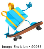 #50963 Royalty-Free (Rf) Illustration Of A 3d Blue Present Character Skateboarding - Pose 1