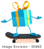 #50965 Royalty-Free (Rf) Illustration Of A 3d Blue Present Character Skateboarding - Version 1