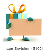 #51001 Royalty-Free (Rf) Illustration Of A 3d Blue Present Character Holding A Blank Business Card - Version 1