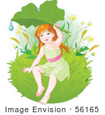 #56165 Royalty-Free (RF) Clip Art Of A Green Fairy Holding Up A Leaf To Shield Herself From Rain by pushkin