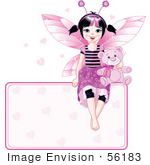 #56183 Royalty-Free (Rf) Clip Art Of A Black Haired Fairy Girl With A Teddy Bear Sitting On Top Of A Heart Sign