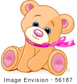 #56187 Clip Art Of An Adorable Brown Teddy Bear Wearing A Pink Ribbon, Tilting Its Head And Sitting by pushkin