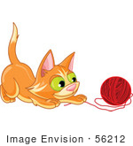 #56212 Clip Art Illustration Of A Frisky Orange Kitten Playing With A Ball Of Red Yarn