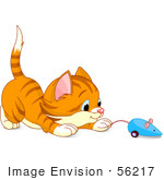 #56217 Clip Art Illustration Of A Playful Orange Kitten Playing With A Blue Mouse Toy