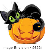 #56221 Royalty-Free (Rf) Clip Art Illustration Of A Cute Black Kitten Curled Up On Top Of A Halloween Pumpkin