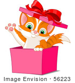 #56223 Clip Art Illustration Of An Adorable Orange Kitten Popping Out Of A Pink Gift Box And Waving by pushkin