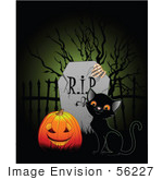 #56227 Royalty-Free (Rf) Clip Art Illustration Of A Black Kitten And A Pumpkin By A Tombstone