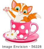 #56228 Clip Art Illustration Of An Adorable Orange Kitten In A Pink Polka Dotted Tea Cup