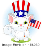 #56232 Clip Art Illustration Of An Adorable White Independent Kitten Wearing An Uncle Sam Hat And Holding An American Flag