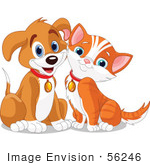#56246 Clipart Illustration Of A Happy Brown Puppy And Orange Kitten Resting Their Cheeks Together