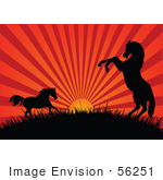 #56251 Royalty-Free (RF) Clip Art Of A Red Sunset Beaming Behind Silhouetted Horses On A Hill by pushkin