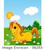 #56253 Clip Art Of An Adorable Yellow Pony Resting In A Daisy Flower Patch In A Green Pasture On A Sunny Day by pushkin