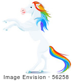 #56258 Clip Art Of A White Horse With A Rainbow Colored Mane And Tail Rearing Up On Its Hind Legs