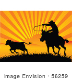 #56259 Royalty-Free (RF) Clip Art Of A Silhouetted Cowboy Roping A Calf At Sunset by pushkin