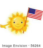 #56264 Clip Art Of A Glowing Sun Character Holding An American Flag On Independence Day