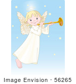 #56265 Clip Art Of A Cute Innocent Blond Femal Angel With A Halo Playing A Horn