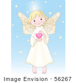 #56267 Clip Art Of A Cute, Innocent, Blond Femal Angel With A Halo, Holding A Pink Heart by pushkin