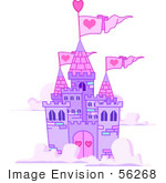 #56268 Clip Art Illustration Of A Purple Castle With Pink Turrets And Heart Flags, Floating In The Clouds by pushkin