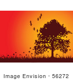 #56272 Royalty-Free (Rf) Clip Art Fall Tree Silhouetted Against An Orange Sunset With Falling Leaves And Flying Birds