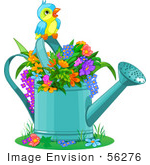 #56276 Clip Artillustration Of A Cute Bird Perched Over Flowers In A Watering Can