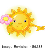 #56283 Clip Art Illustration Of A Cute Sun Character Holding A Pink Flower by pushkin