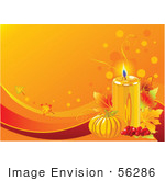#56286 Royalty-Free (Rf) Clip Art Illustration Of A Lit Candle With Berries Leaves And A Pumpkin On An Orange Thanksgiving Background