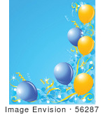 #56287 Royalty-Free (Rf) Clip Art Illustration Of A Blue Vertical Background Bordered With Blue And Yellow Balloons And Confetti