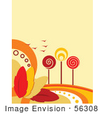 #56308 Royalty-Free (Rf) Clip Art Illustration Of A Faint Orange Autumn Background With Retro Styled Trees Birds And Colorful Leaves